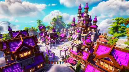 Minecraft Spawn - Purple fantasy kingdom Minecraft server spawn with purple themed castle and royal structures