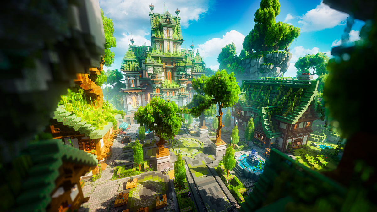 Evergrove Spawn — Fantasy Minecraft spawn, render
