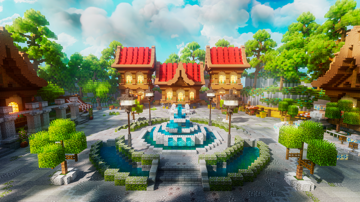 Rosewood Village Spawn — Medieval Minecraft village spawn, render